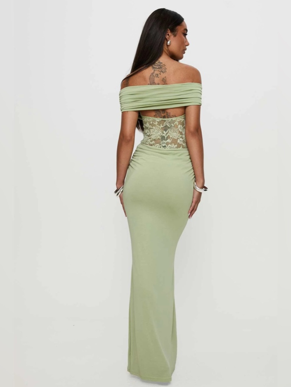 Off-Shoulder Sage Lace-Panel Maxi Dress - S - Picture 2 of 6